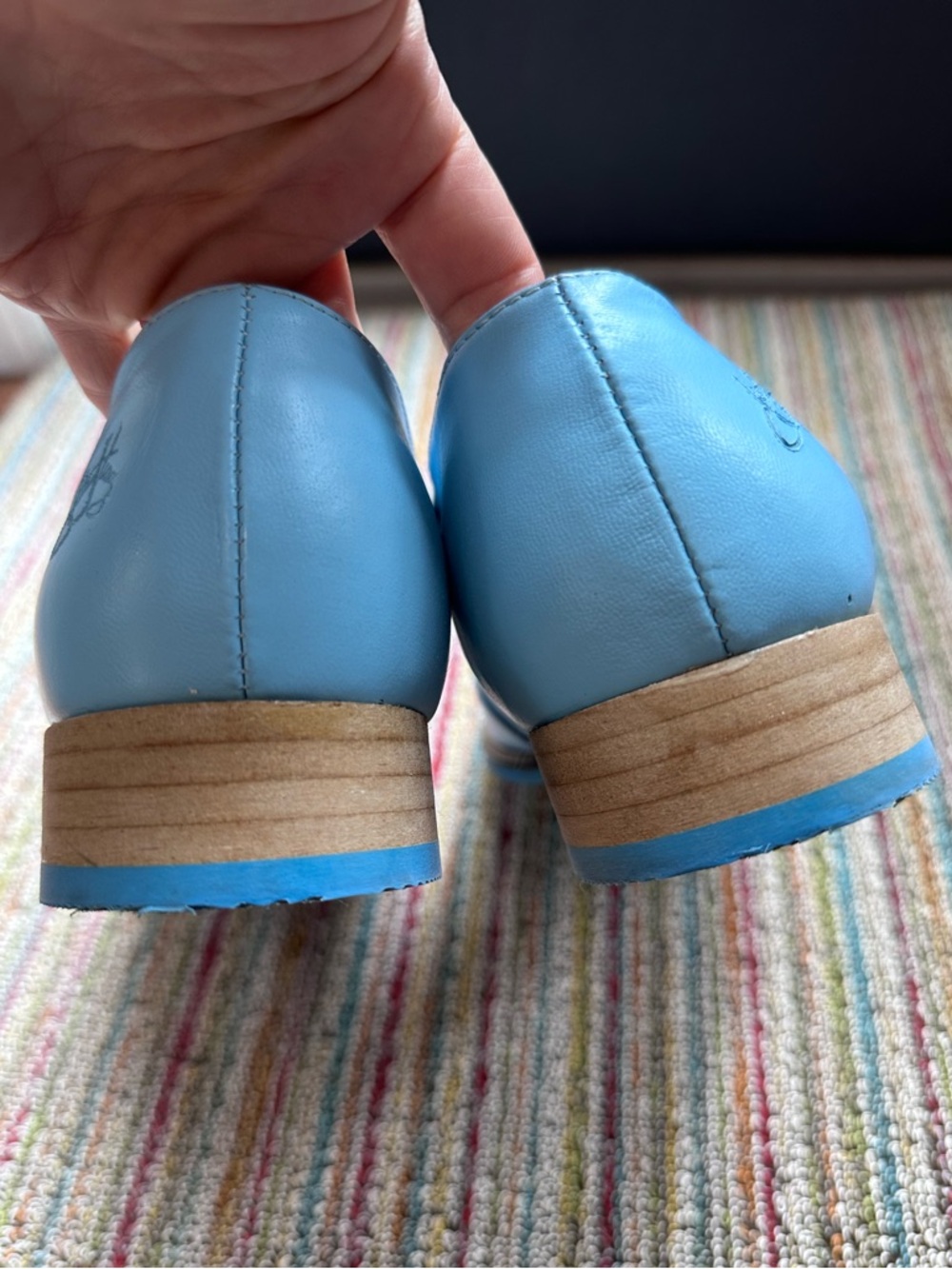 Fluevog EXCELLENT Biblio McPhee baby blue leather triple t-strap buckle shoe -12 - Picture 7 of 16